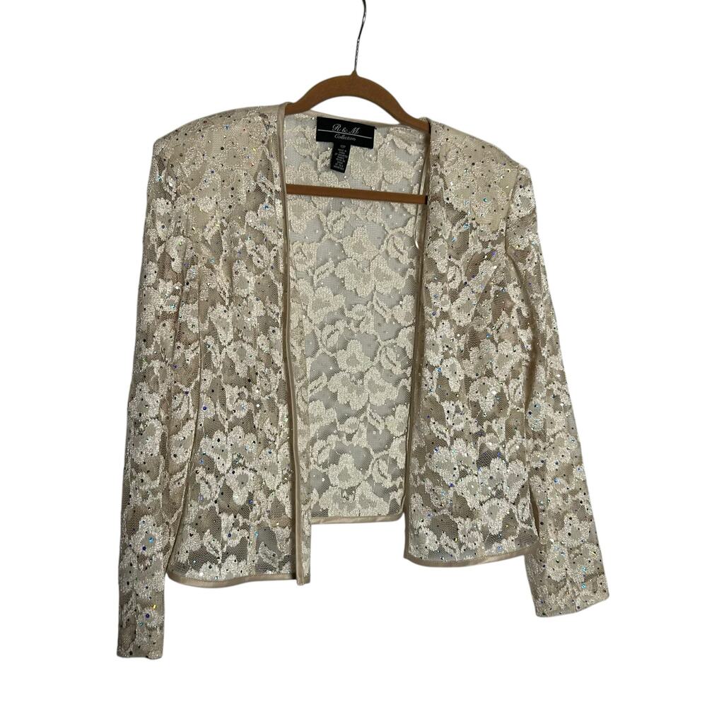 Vintage R&M Collection Sheer Rhinestone Embellished Lace Open Front Cardigan 12P